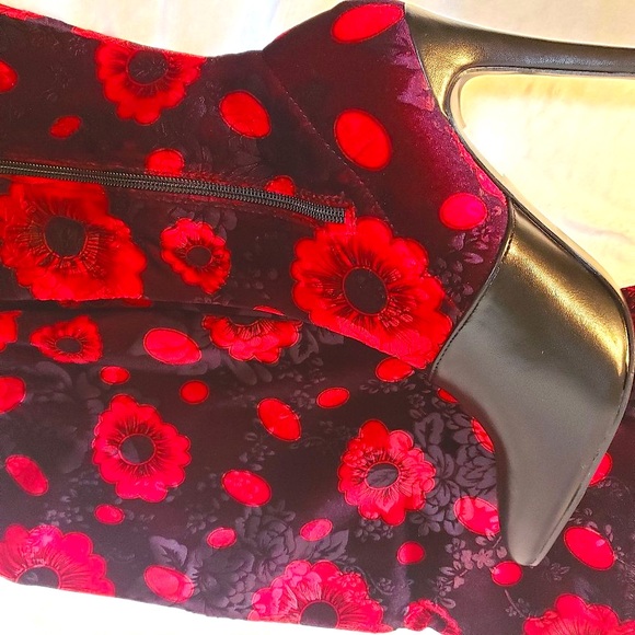 Mac J Black Cherry Stretch Velvet Red Floral OTK Stocking Boots 3.5" High Heel - Picture 13 of 15